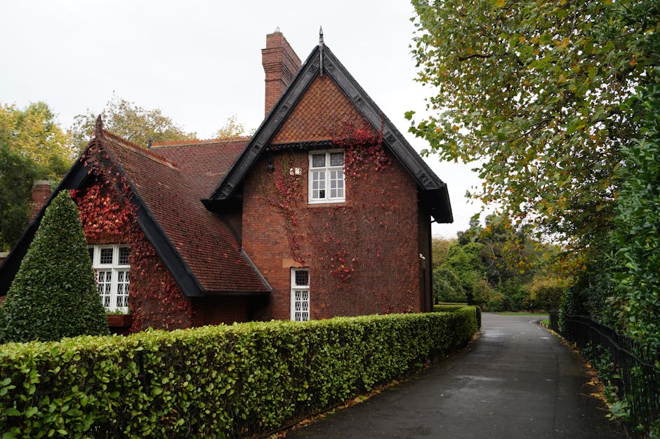 A gently winding garden pathway made of light-colored gravel with a narrow brick border winds through a well-maintained garden bed. The lawn on either side is lush and green, dotted with fallen autumn