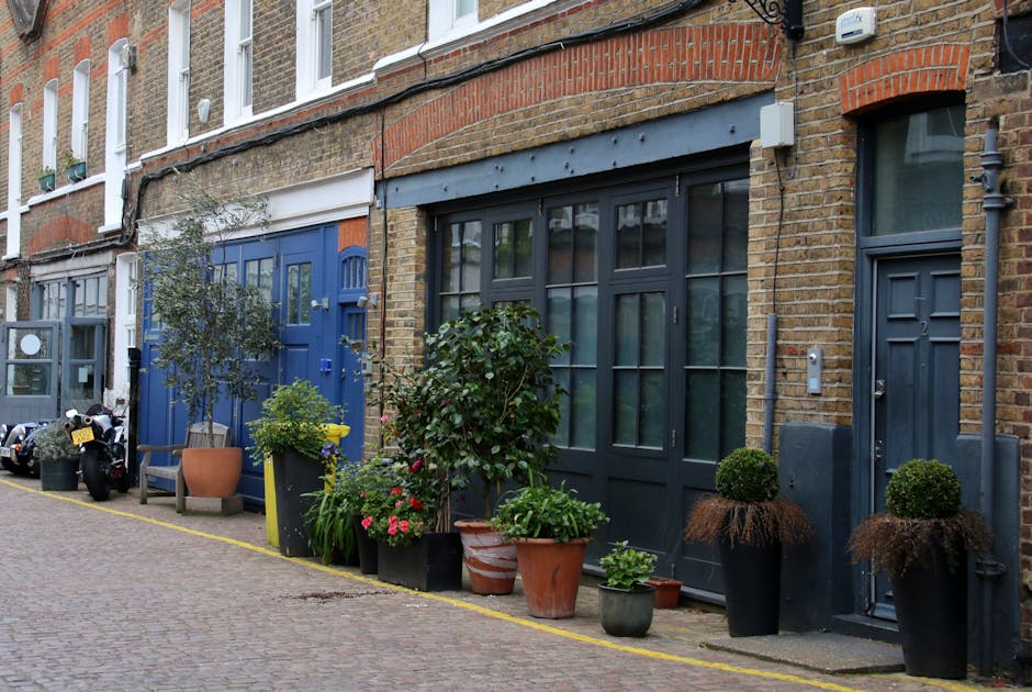 A row of terraced houses with brick facades along a cobbled street, featuring a variety of potted plants and small trees arranged outside. The plants include flowering bushes, leafy shrubs, and neatly