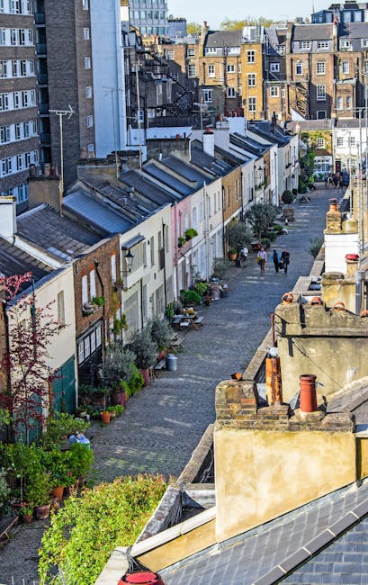 A row of terraced houses with brick facades along a cobbled street, featuring a variety of potted plants and small trees arranged outside. The plants include flowering bushes, leafy shrubs, and neatly
